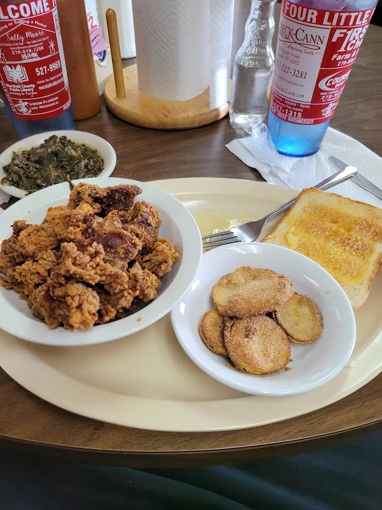 Chicken Livers with Fried Squash & Greens Texas Toast